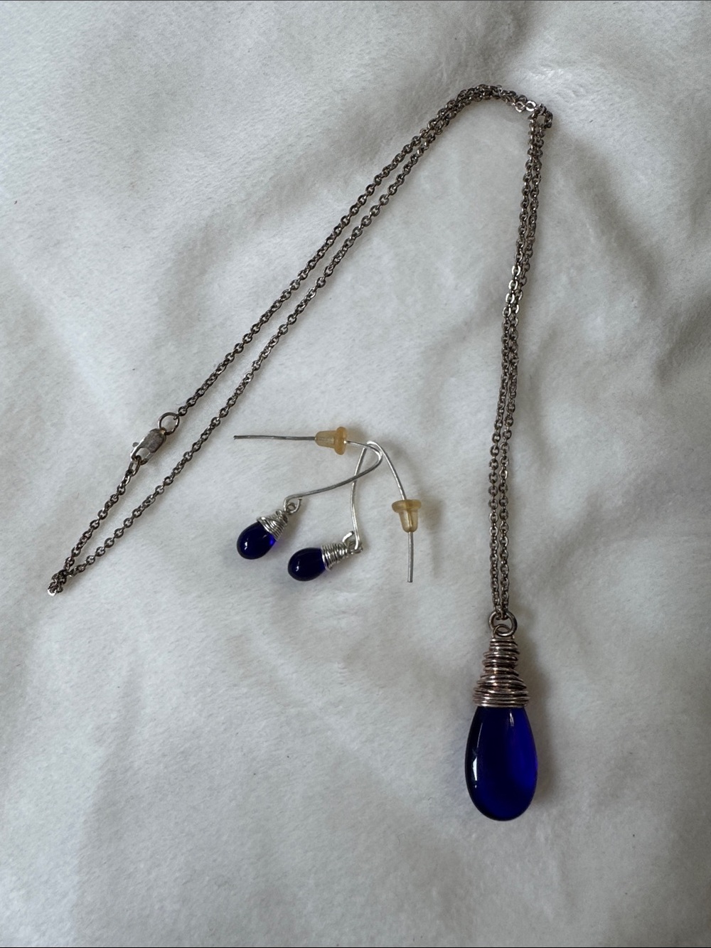 Silver Chain Necklace with Cobalt Blue Teardrop Pendant